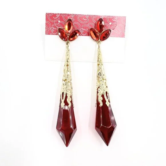 NWT – Charming Charlie – Red Jeweled Drop Glass Dangle Gold Tone 3.5” Earrings - Picture 7 of 8